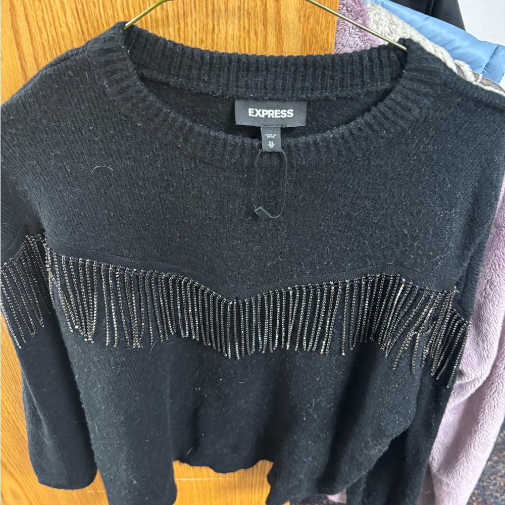 Express Black Sweater with Fringe Detail